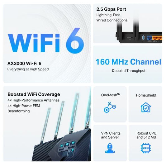 TP-LINK Archer Archer AX55 Pro AX3000 Multi-Gigabit Wi-Fi 6 Router with 2.5G