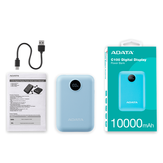 ADATA Power Bank 10000mAh C100 Kék, Digitális kijelző