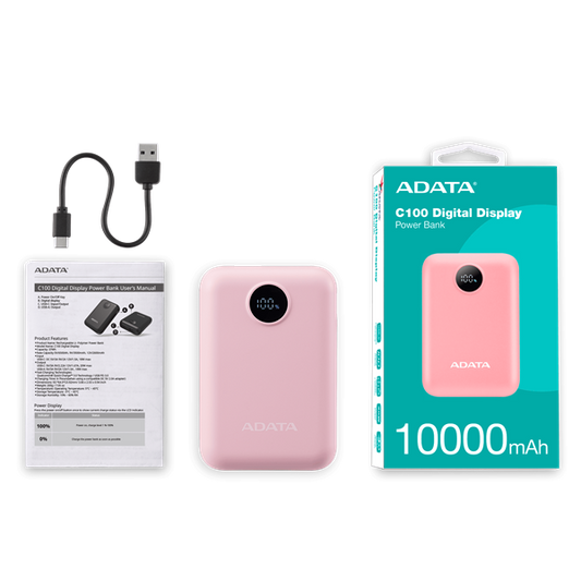 ADATA Power Bank 10000mAh C100 Rózsaszín, Digitális kijelző