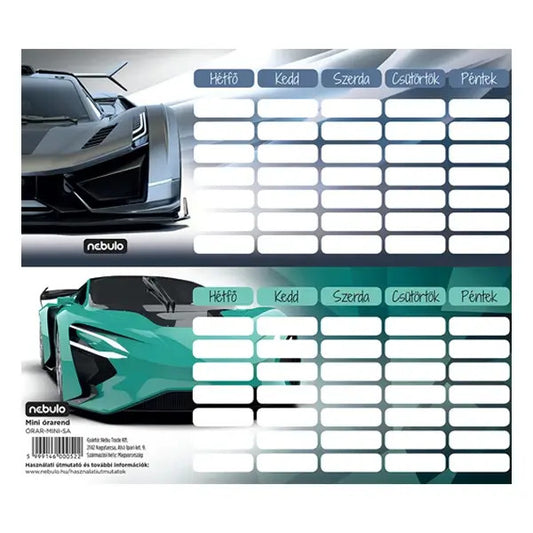 Sportautó órarend, mini, 77x178mm, kétoldalas, Nebulo