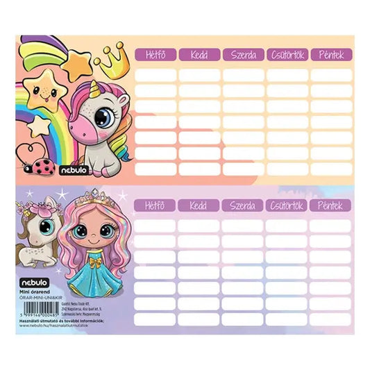 Unikornis és királylány órarend, mini, 77x178mm, kétoldalas, Nebulo
