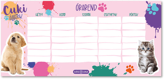 Cuki állatok órarend, 23x11 cm, kétoldalas, cica-kutya, 2025