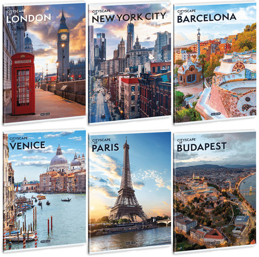 Cityscape tűzött füzet A/4, 40 lapos kockás, többféle