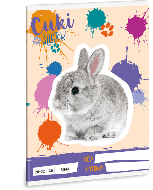 Cuki állatok tűzött füzet A/5, 32 lap sima, nyuszi, 2025