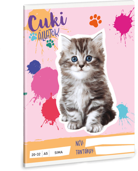 Cuki állatok tűzött füzet A/5, 32 lap sima, perzsa cica (macska), 2025