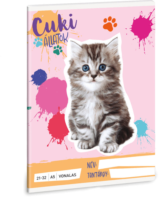 Cuki állatok tűzött füzet A/5, 32 lap vonalas (21-32), perzsa cica (macska), 2025