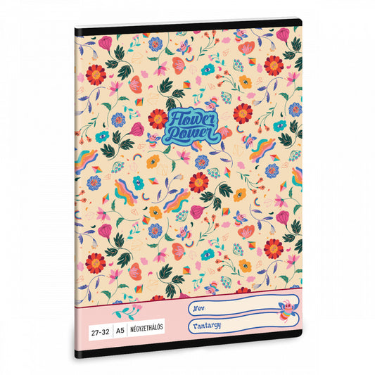 Flower Power, virágos tűzött füzet A/5, 32 lap kockás