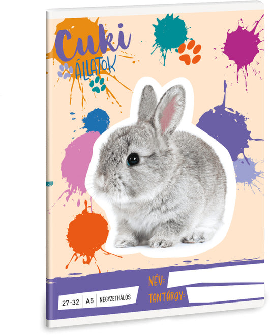 Cuki állatok tűzött füzet A/5, 32 lap kockás, nyuszi, 2025