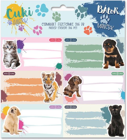 Cuki állatok füzetcímke 18 db, (kutya, cucam tigris, stb.), 2025