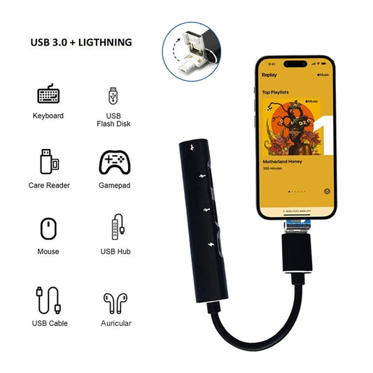 BLACKBIRD Adapter USB3.0/Lightning, 2xUSB, 1xUSB-C, 1xLightning, Fekete