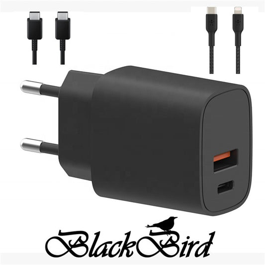 BLACKBIRD Hálózati Adapter T131 25W + Type-C + Lightning kábel 1m, Fekete