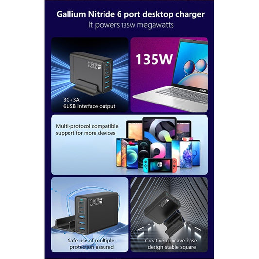 BLACKBIRD Hálózati Töltő GAN 135W 3xUSB-C 20W + 3xUSB 5V, Fekete