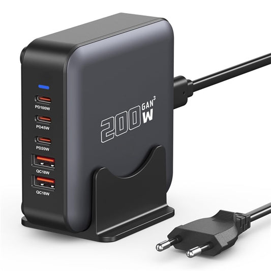 BLACKBIRD Hálózati Töltő Hordozható GAN 200W 3USB-C PD + 2xUSB QC, Fekete
