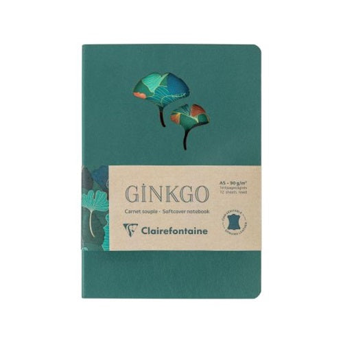 Bőr jegyzetfüzet Clairefontaine Ginkgo, A5, 72 lapos, vonalas, vegyes minta