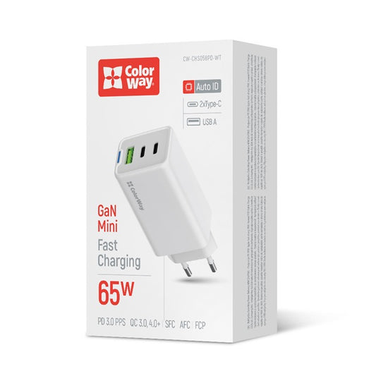 COLORWAY AC töltő GaN Mini CW-CHS058PD-WT 65W PD port PPS USB (USB-2C1A) fehér