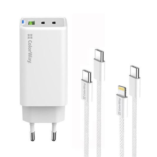 COLORWAY AC töltő GaN Mini CW-CHS058PDCL-WT 65W PD port PPS USB (USB-2C1A) kábel Type-C és Lightning