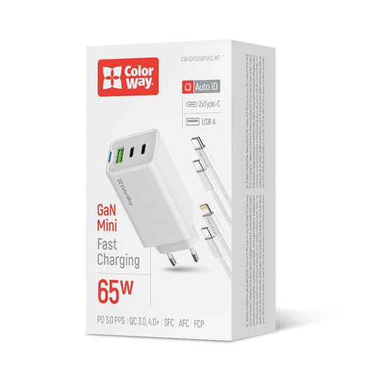 COLORWAY AC töltő GaN Mini CW-CHS058PDCL-WT 65W PD port PPS USB (USB-2C1A) kábel Type-C és Lightning