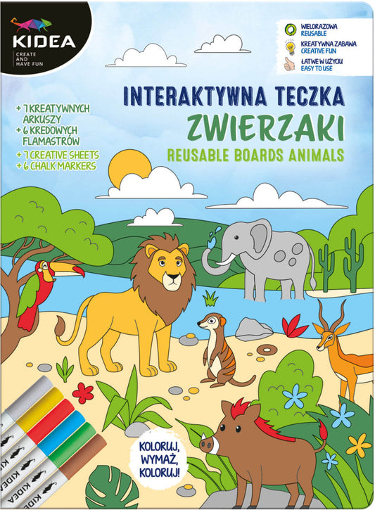 Újrahasználható oktató és színező lapok (4+3 lap) 6 db táblamarkerrel, állatos, Kidea
