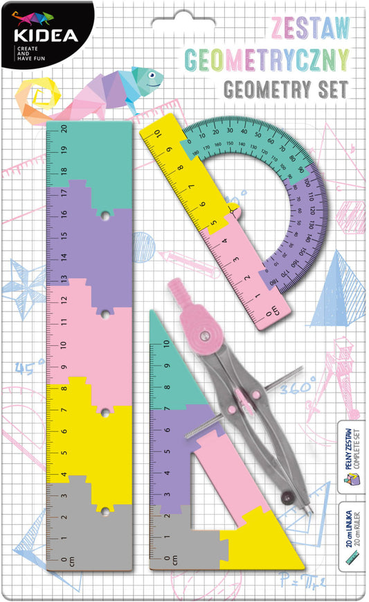 Geometria készlet, körző és vonalzó szett, 4 db-os, lányos színű, Kidea
