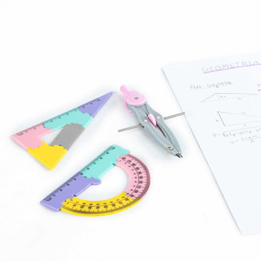 Geometria készlet, körző és vonalzó szett, 4 db-os, lányos színű, Kidea