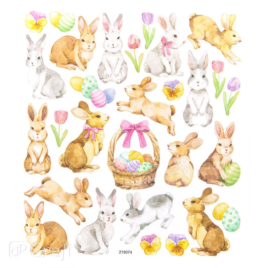 Matrica, húsvéti, nyuszik és tojások, csillogó díszítéssel, 15x17cm