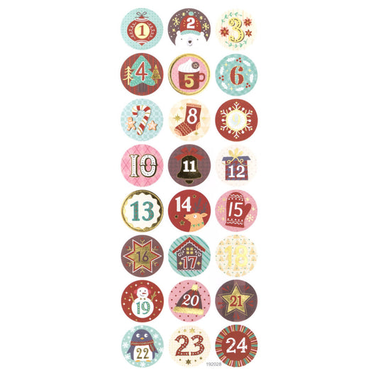 Karácsonyi matrica, adventi naptár, számok 1-24-ig, kör alakú