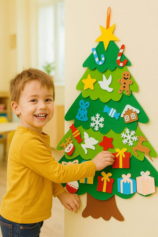 Filc dekorálható karácsonyfa (100x69cm) díszekkel, 26 db-os készlet