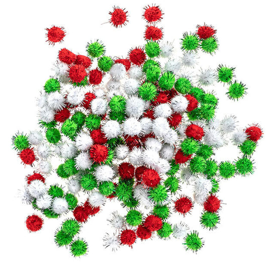 Pom-pom, vegyes színek, 15mm, 200 db/csomag, csillogó karácsonyi színek (fehér, piros, zöld)
