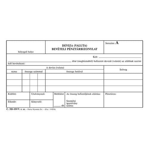 Deviza (valuta) bevételi pénztárbizonylat 50x3 lapos tömb 203x102 mm