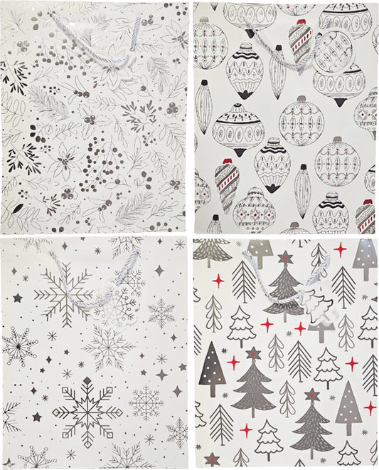 Karácsonyi ajándéktáska 32x26x10cm, nagy, fehér, fekete mintával, 4 féle