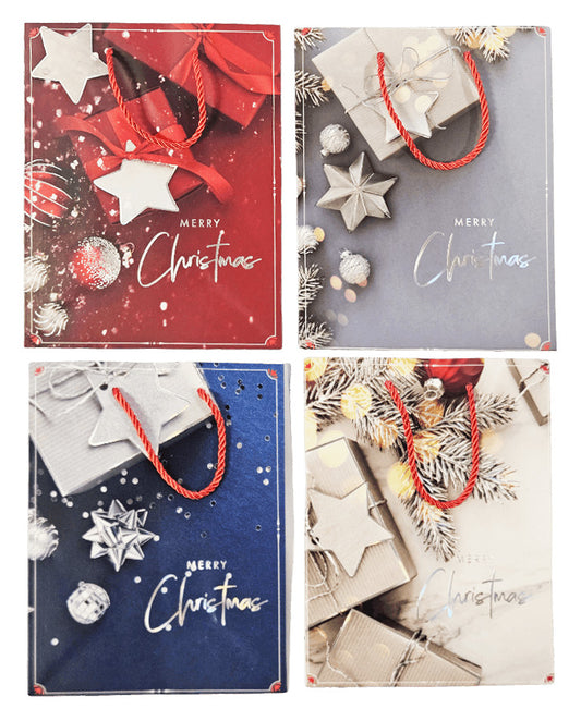 Karácsonyi ajándéktáska 23x18x10cm, közepes, ajándékdobozos mintával, 4 féle