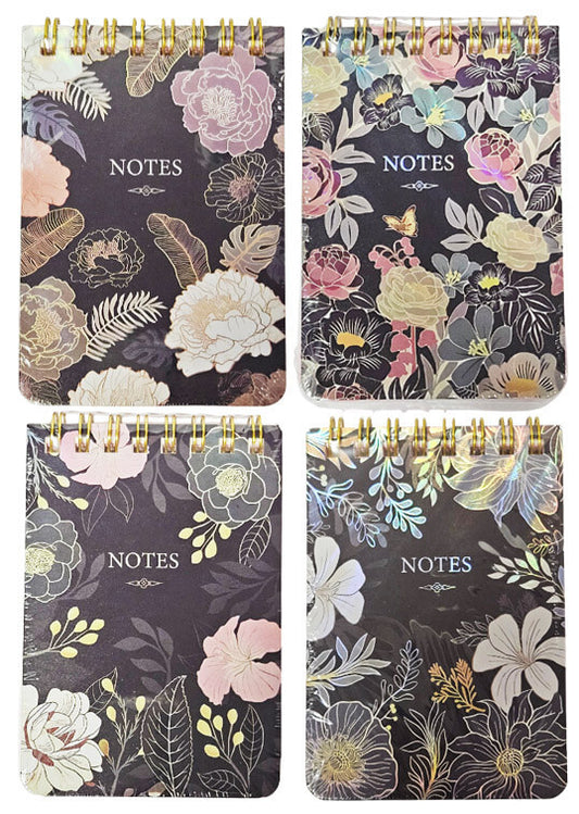 Mini spirál notesz, A/7, 7x10cm, metál virágos mintával, többféle változat