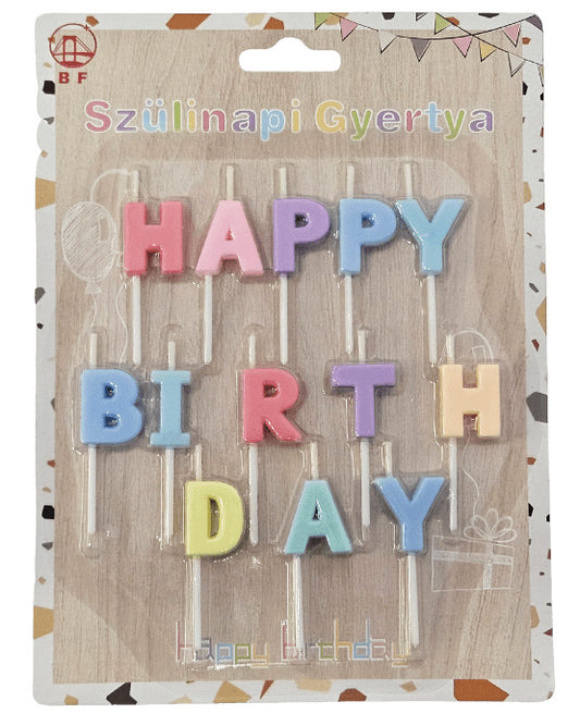 Születésnapi gyertya, Happy Birthday felirat, színes