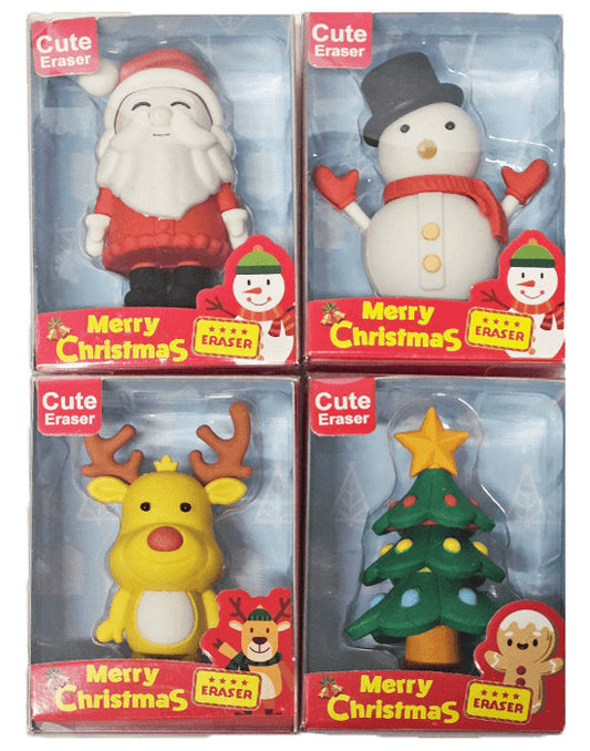 Karácsonyi radírok, nagy (8cm magas), szétszedhető, többféle változat (télapó, hóember, rénszarvas, karácsonyfa)