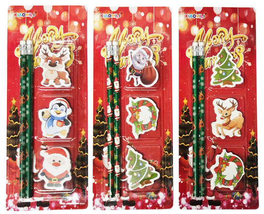 Karácsonyi írószer szett, 5 db-os (2 db grafitceruza, 3 db karácsonyi radír), többféle változat