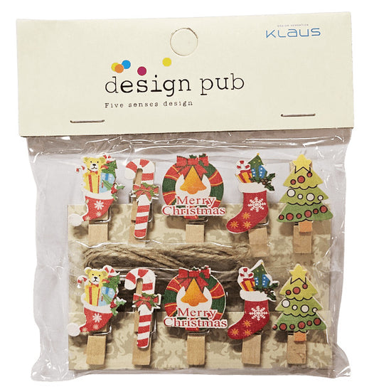 Fa csipeszek, karácsonyi formákkal, zsinórral, 10 db/csomag