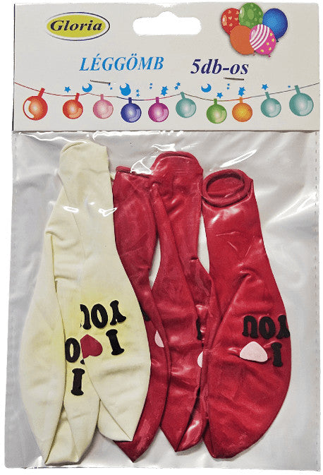 Piros és fehér "I love you" feliratú lufik, gumi, 5 db/csomag