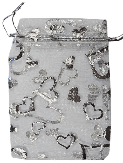 Organza dísztasak, zacskó, 9x12cm, 12 db/csomag, ezüst, szivecskés