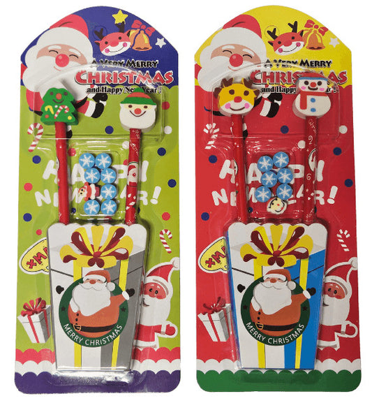 Karácsonyi grafitceruza forma radírral és mini radírokkal, 2 db ceruza és 7 db radír/szett, többféle változat