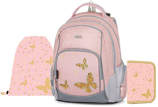 Lepkés ergonómikus hátizsák, iskolatáska tolltartóval és tornazsákkal, OXY GO Butterfly, barack színű