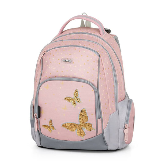 Lepkés ergonómikus hátizsák, iskolatáska tolltartóval és tornazsákkal, OXY GO Butterfly, barack színű