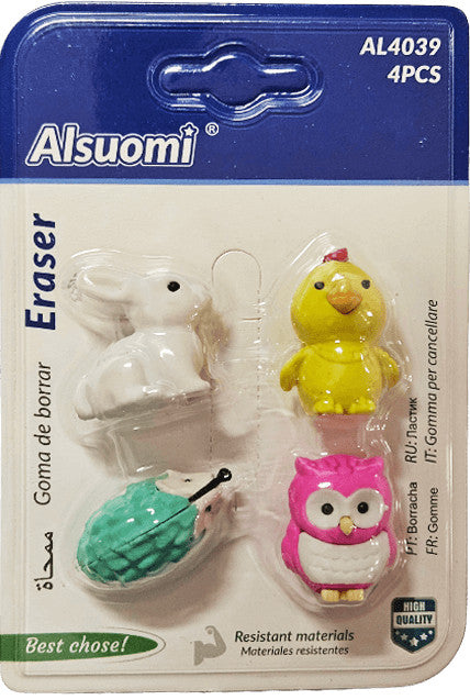 Radír állatfigurák (nyuszi, csibe, sün, bagoly), 3D, 4 db/szett