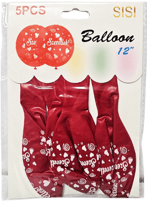 Piros "Szeretlek!" feliratú lufik, gumi, 5 db/csomag (12")
