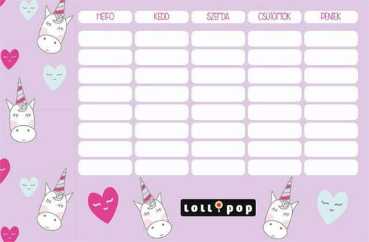 Unikornis órarend 175x115mm, kétoldalas, Lollipop Unicorn