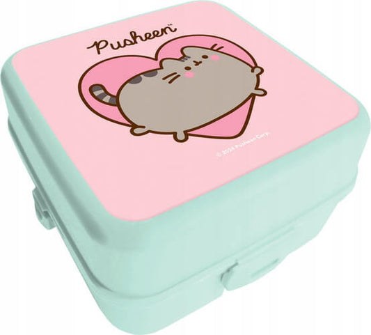 Pusheen cicás uzsonnás doboz, 14x14x8cm, zöld-rózsaszín