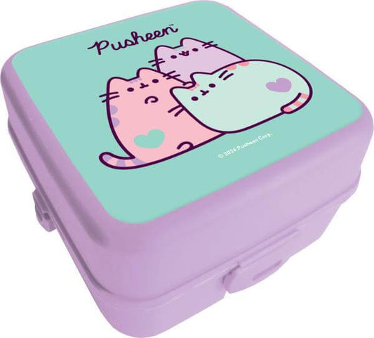 Pusheen cicás uzsonnás doboz, 14x14x8cm, lila-zöld