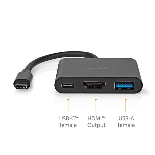 Nedis CCGB64770BK01 USB-C multiport adapter, USB C dugó - HDMI/ USB-A / USB-C aljzat, 5 Gbps