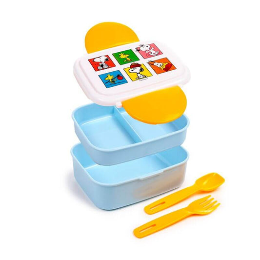 Snoopy ételhordó, uzsonnás doboz szett, evőeszközökkel, Bento, Snoopy & Woodstock PEANUTS