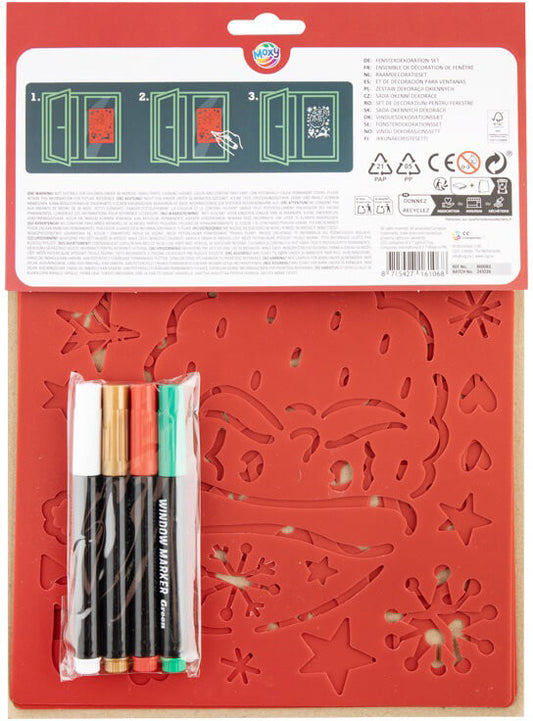 Karácsonyi ablakdekoráló készlet, 3 db A/4 stencil és 4 ablakfilc (800083)