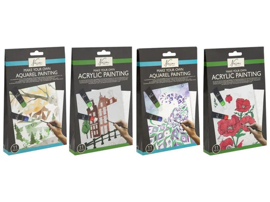 Akril és akvarell festőszett, 11 db-os (3 ív előrajzolt lap, 6 festék, 2 ecset), 4 féle változat